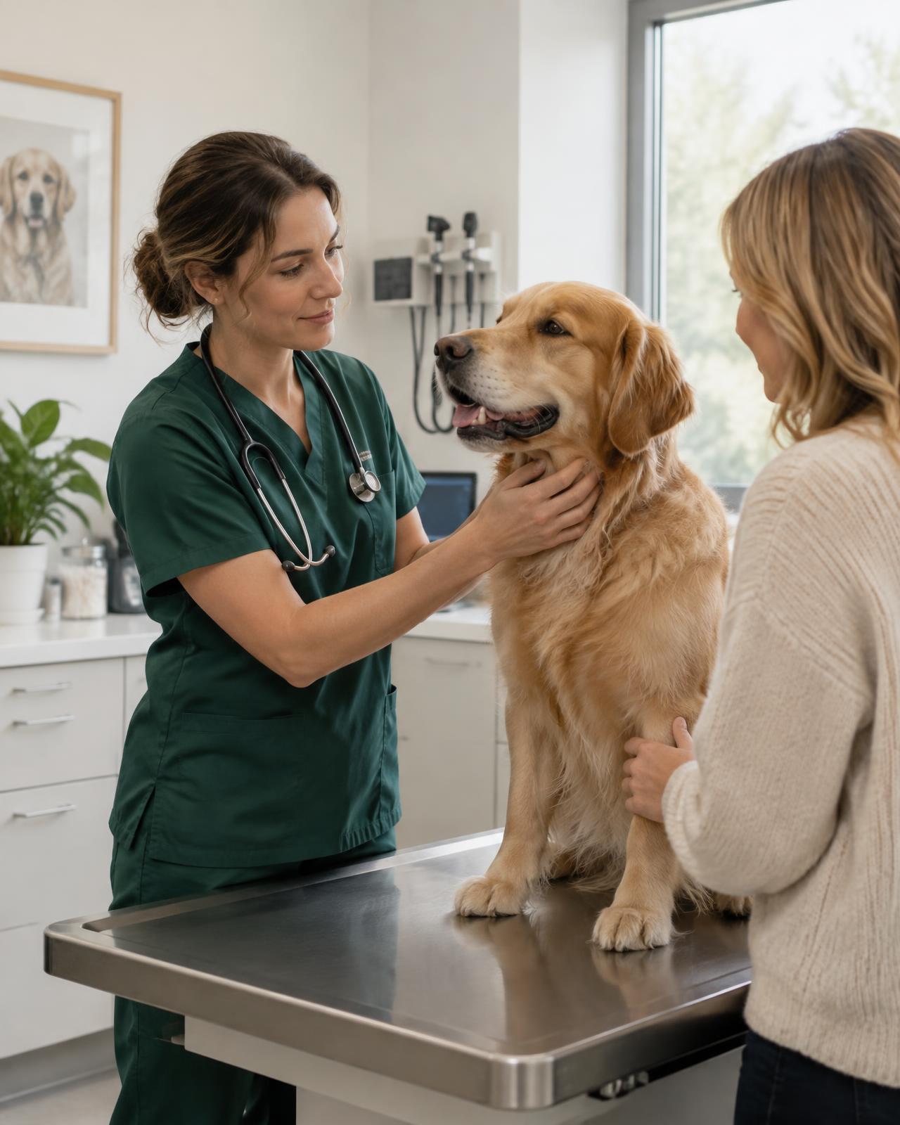 Veterinarka razgovara s vlasnicom tokom pregleda psa